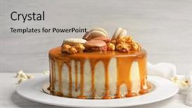  Presentation with cake - Audience pleasing PPT layouts consisting of plate with delicious caramel cake backdrop and a light gray colored foreground