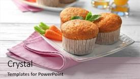  Presentation with recipe - Audience pleasing theme consisting of plate with delicious carrot muffins backdrop and a coral colored foreground