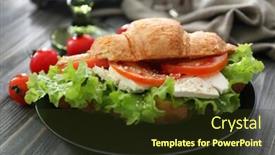 Presentation with croissant - Theme consisting of plate with delicious croissant sandwich on wooden table background and a tawny brown colored foreground