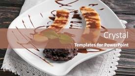  Presentation with chocolate dessert - Presentation theme having plate with delicious dessert poured with chocolate sauce on table background and a coral colored foreground
