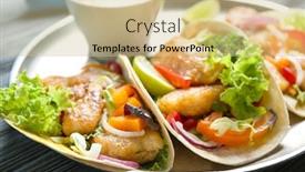  Presentation with fish tacos - Presentation design enhanced with plate with delicious fish tacos on table closeup background and a soft green colored foreground