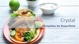  Presentation with fish tacos - Slide deck with plate with delicious fish tacos on wooden table background and a sky blue colored foreground