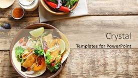  Presentation with fish tacos - PPT layouts having plate with delicious fish tacos on wooden table background and a soft green colored foreground