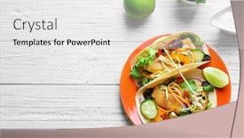  Presentation with fish tacos - Beautiful PPT theme featuring plate with delicious fish tacos on wooden table backdrop and a white colored foreground