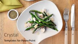  Presentation with green plate - Amazing slide deck having plate with delicious green beans almond and mushrooms on table backdrop and a coral colored foreground