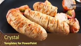  Presentation with sausages - Audience pleasing PPT theme consisting of plate with delicious grilled sausages closeup backdrop and a tawny brown colored foreground