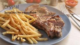  Presentation with frites - Colorful PPT theme enhanced with plate-with-delicious-grilled-steak backdrop and a coral colored foreground
