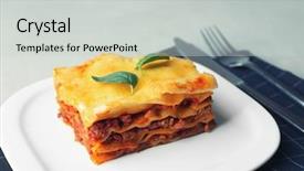 Presentation with food lasagna - Audience pleasing presentation theme consisting of plate with delicious lasagna backdrop and a light gray colored foreground