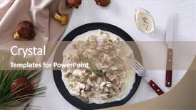  Presentation with sauce - Colorful presentation design enhanced with plate with delicious mushrooms backdrop and a coral colored foreground