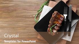  Presentation with ribs - Audience pleasing theme consisting of plate with delicious pork ribs on wooden table backdrop and a coral colored foreground