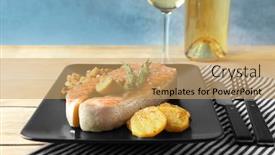  Presentation with salmon - Presentation theme with plate with delicious salmon steak on table background and a coral colored foreground