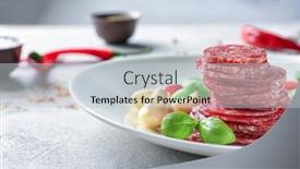  Presentation with garlic - Amazing slides having plate-with-delicious-sliced-sausage backdrop and a light gray colored foreground