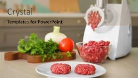  Presentation with fresh meat - Audience pleasing slides consisting of plate with fresh forcemeat and meat grinder on kitchen table backdrop and a coral colored foreground