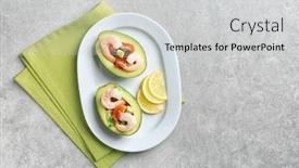  Presentation with fresh avocado - PPT layouts consisting of plate with fresh tasty shrimp salad in avocado boats on table background and a light gray colored foreground