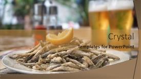  Presentation with restaurant - Audience pleasing PPT layouts consisting of plate-with-fried-anchovies backdrop and a gold colored foreground