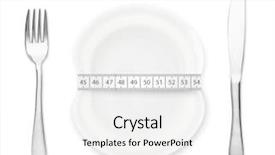  Presentation with measurement - Presentation theme enhanced with plate with measurement fork and knife isolated on white background background and a white colored foreground