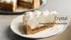  Presentation with banana cake - Audience pleasing PPT theme consisting of plate with piece of delicious backdrop and a soft green colored foreground