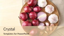  Presentation with garlic - Audience pleasing presentation consisting of plate with ripe red onions backdrop and a lemonade colored foreground