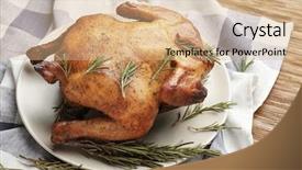  Presentation with roasted chicken - Amazing PPT theme having plate with roasted beer can chicken on wooden background backdrop and a coral colored foreground