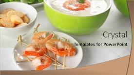  Presentation with shrimps - Slide deck featuring plate with shrimps and bowl of yummy cream soup on cooking table background and a mint green colored foreground