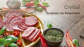 Presentation with sausages - Cool new PPT theme with plate-with-sliced-different-sausages backdrop and a coral colored foreground