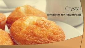  Presentation with muffins - Colorful theme enhanced with plate with some magdalenas typical spanish plain muffins and a cup of coffee in the background on a set table backdrop and a soft green colored foreground