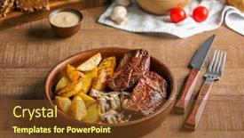  Presentation with manufacturingsteel plate - Cool new slide deck with plate with steak diane and vegetable garnish on wooden table backdrop and a tawny brown colored foreground