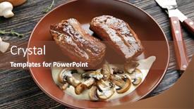  Presentation with table meal plan for osteotphorosis - Presentation design featuring plate with steak diane on wooden table background and a tawny brown colored foreground