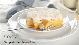  Presentation with cake - Audience pleasing slide set consisting of plate with tasty banana cake on white table backdrop and a light gray colored foreground