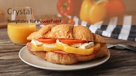  Presentation with croissant - Presentation with plate with tasty croissant sandwich on table background and a coral colored foreground