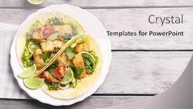  Presentation with fish tacos - Presentation theme with plate with tasty fish tacos on wooden table background and a light gray colored foreground