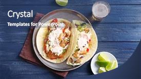  Presentation with fish tacos - Beautiful presentation featuring plate with tasty fish tacos backdrop and a ocean colored foreground
