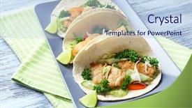  Presentation with taco - Audience pleasing PPT layouts consisting of plate with tasty fish tacos backdrop and a sky blue colored foreground