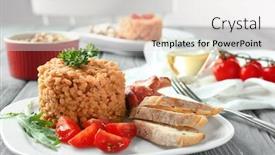  Presentation with lentils - Colorful slide deck enhanced with plate with tasty lentils and sausages on table backdrop and a light gray colored foreground
