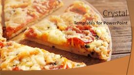  Presentation with pizza - Audience pleasing presentation theme consisting of plate with tasty pizza on wooden table close up view backdrop and a coral colored foreground