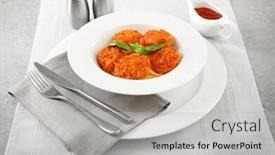 Presentation with pasta - Amazing presentation theme having plate with tasty sausage balls and pasta on table backdrop and a light gray colored foreground