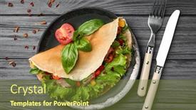  Presentation with pancake - Amazing slides having plate with thin buckwheat pancake bacon and vegetables on table backdrop and a tawny brown colored foreground