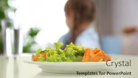  Presentation with salad - Audience pleasing theme consisting of plate with vegetable salad on kitchen table backdrop and a yellow colored foreground