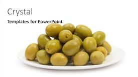  Presentation with green plate - Beautiful slide set featuring plate with wet green olives isolated on white background with clipping path side view backdrop and a white colored foreground