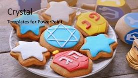  Presentation with hanukkah - PPT theme with plates spinning - plate with tasty cookies background and a coral colored foreground