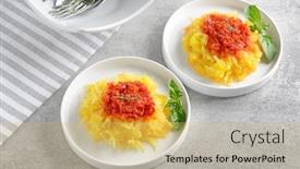  Presentation with spaghetti - Slide deck featuring plates with tasty spaghetti squash on table background and a yellow colored foreground