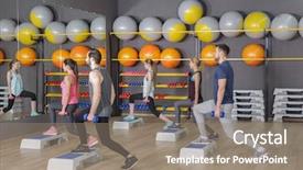  Presentation with elderly people exercise patient training - PPT layouts enhanced with platform balance - young sporty people training background and a gray colored foreground