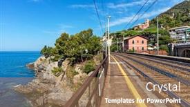  Presentation with tracks - Beautiful presentation design featuring mediterranean coastline in liguria italy backdrop and a coral colored foreground