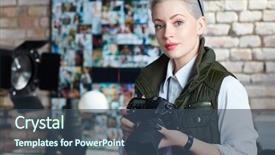  Presentation with female - Cool new slide deck with platinum - portrait of attractive young female backdrop and a ocean colored foreground