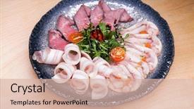  Presentation with meat - Slide deck consisting of platter - a snack under vodka background and a lemonade colored foreground