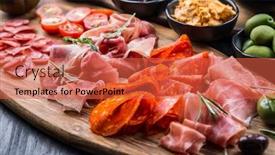  Presentation with chorizo - Audience pleasing PPT layouts consisting of platter-of-antipasti backdrop and a red colored foreground