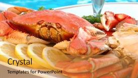  Presentation with crab - Theme enhanced with platter of crab with lemon and parsley out by the pool background and a gold colored foreground