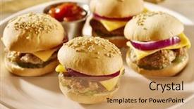  Presentation with mini project for eco friendly food packagin - Colorful PPT layouts enhanced with platter of mini burger sliders backdrop and a yellow colored foreground