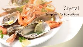 Presentation with clam - Audience pleasing presentation design consisting of platter-of-seafood-shrimp-clam backdrop and a coral colored foreground