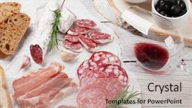  Presentation with bacon - Presentation design enhanced with platters - salami sliced ham sausage prosciutto background and a mint green colored foreground